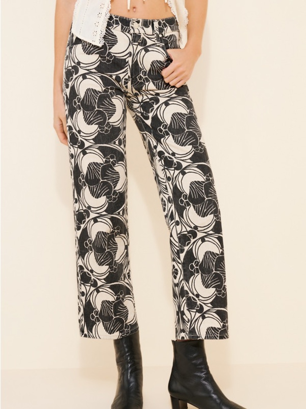 MOTHER Black & White Floral Wide-Leg Jeans